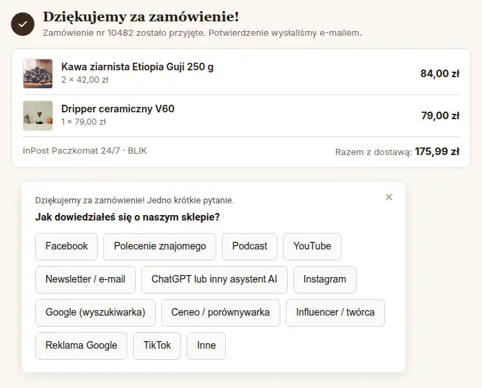 Ankieta GrowAsk na stronie podziękowania sklepu z kawą: klient wybiera Instagram, odpowiada na pytanie „Co dokładnie?” i widzi podziękowanie