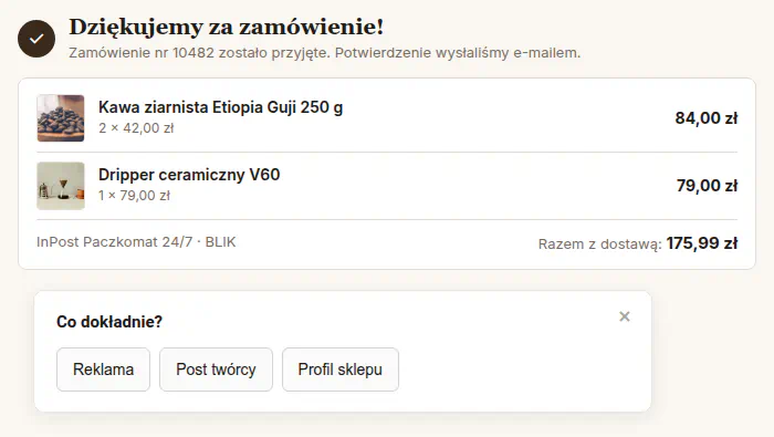 Drugie pytanie Co dokładnie z przyciskami Reklama, Post twórcy i Profil sklepu pod zamówieniem w palarni kawy