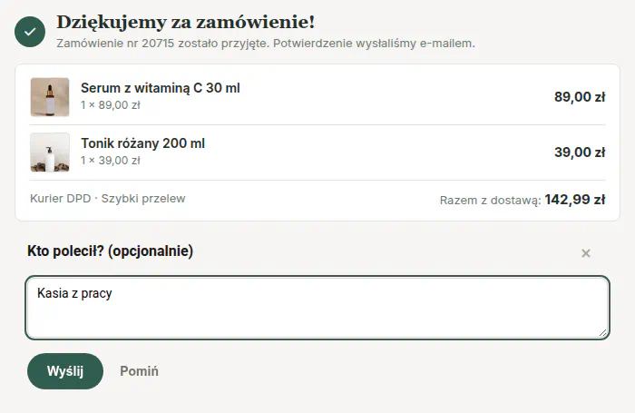Pole tekstowe Kto polecił z wpisem Kasia z pracy na stronie podziękowania sklepu z kosmetykami