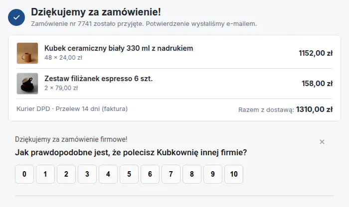 Skala od 0 do 10 w pytaniu o polecenie sklepu pod zamówieniem 48 kubków