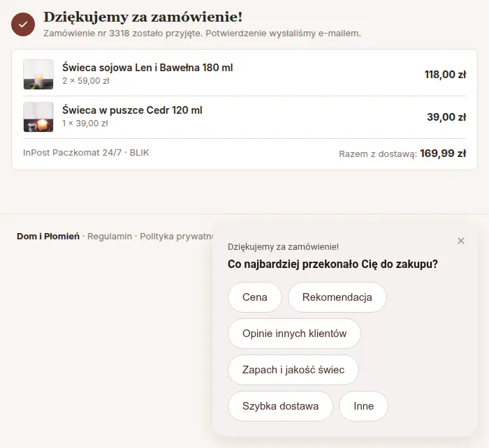Karta ankiety w rogu strony podziękowania sklepu ze świecami z pytaniem Co najbardziej przekonało Cię do zakupu