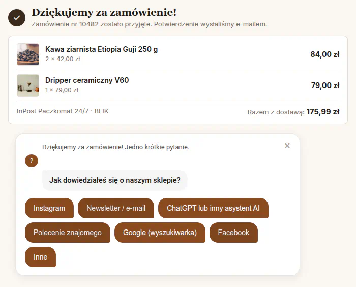 Ankieta w stylu czatu z pytaniem w dymku i brązowymi przyciskami odpowiedzi