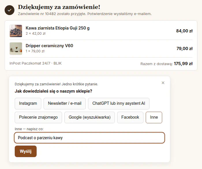 Ankieta z wybraną odpowiedzią Inne i polem na własny tekst z wpisem Podcast o parzeniu kawy