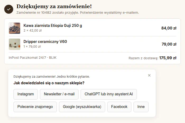 Klasyczna karta ankiety z odpowiedziami w przyciskach pod zamówieniem w sklepie z kawą