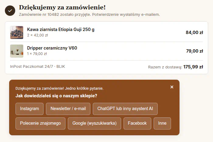Karta ankiety w brązowym kolorze akcentu sklepu z jasnymi przyciskami odpowiedzi