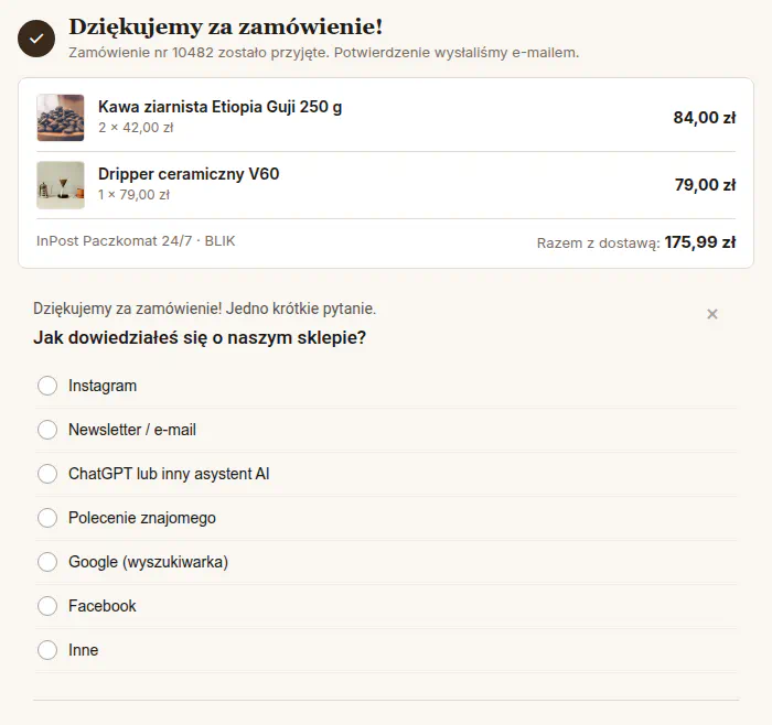 Ankieta w formie listy odpowiedzi z kółkami wyboru pod zamówieniem