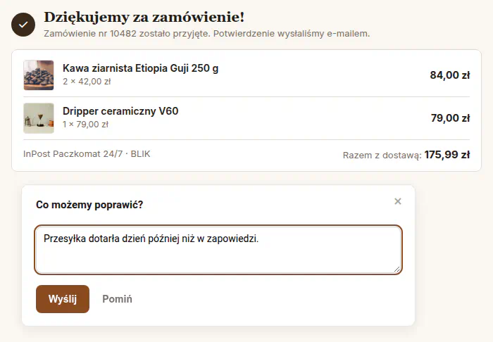 Pole komentarza Co możemy poprawić z wpisaną uwagą o opóźnionej przesyłce