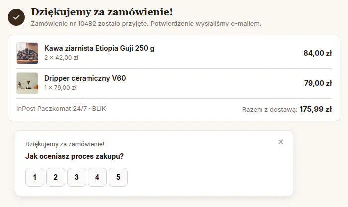 Pytanie o ocenę procesu zakupu z przyciskami od 1 do 5