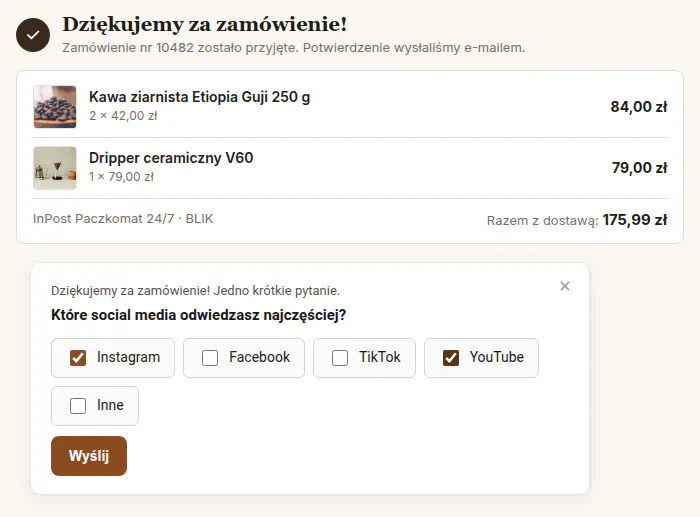 Pytanie o social media z zaznaczonymi polami Instagram i YouTube oraz przyciskiem Wyślij